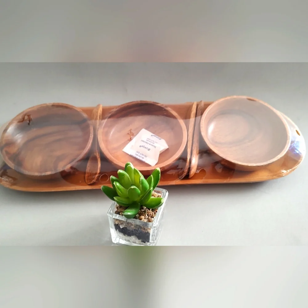 Wood Tray With Spoons  Condiments Server Platter Style  3 Containers  New